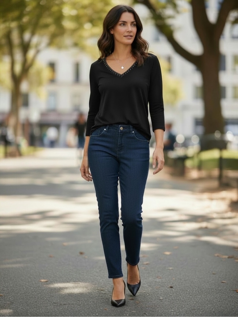 Rafaella Black Embellished V-Neck 3/4 Sleeve‎ Top Medium NWT Cotton Classic